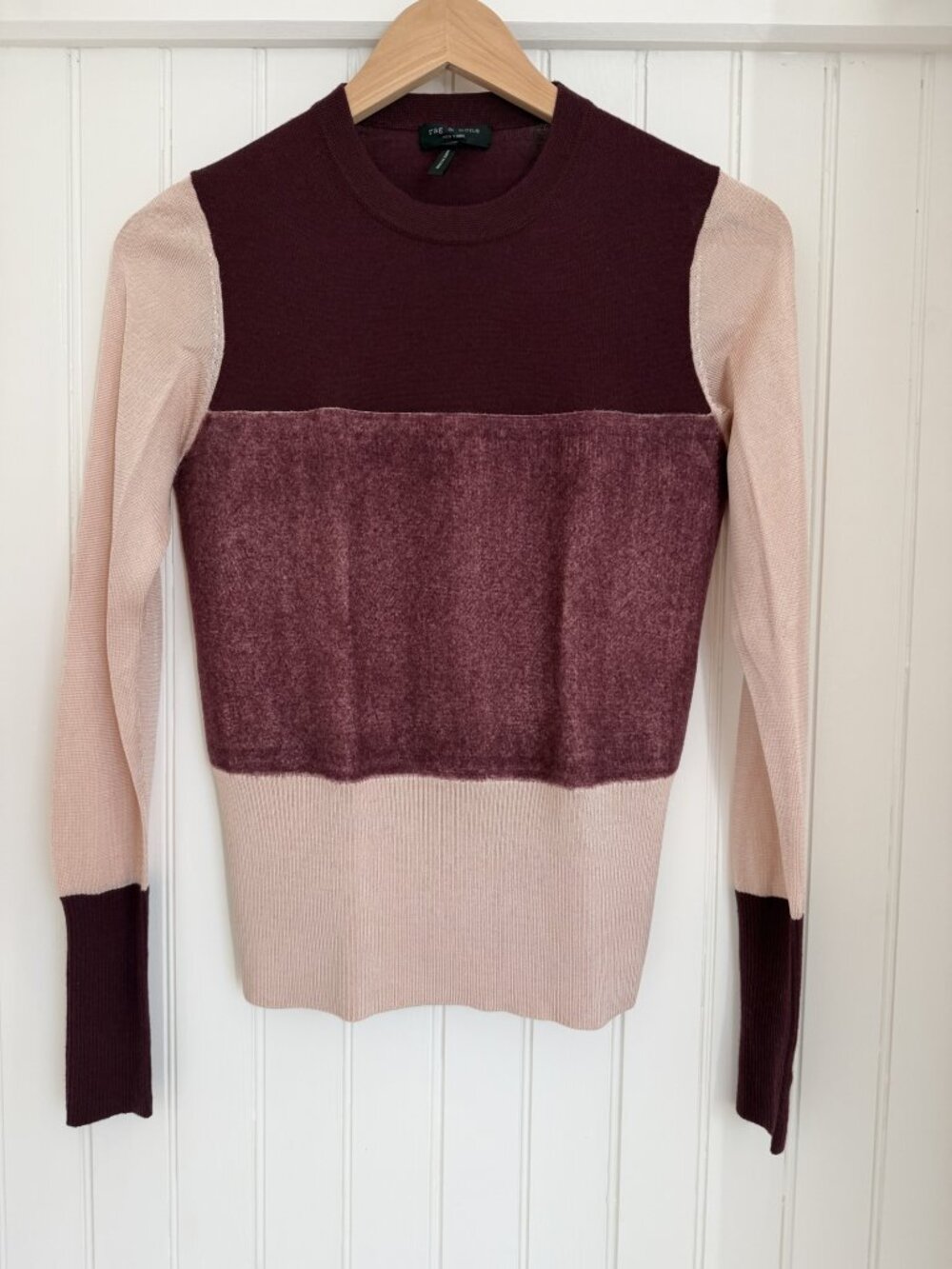 rag & bone Colorblock Sweater Merino Wool Burgundy Blush Crewneck — XS